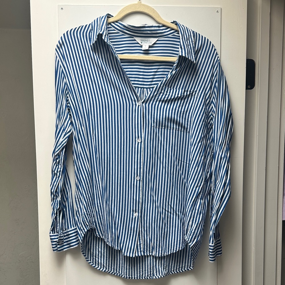 Market & Spruce Navy and White Striped Button Down Shirt